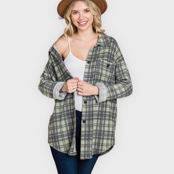 NWT REB. in J. 220 Oversized Sage Plaid Oversized Button Up Brushed Top - Picture 1 of 4